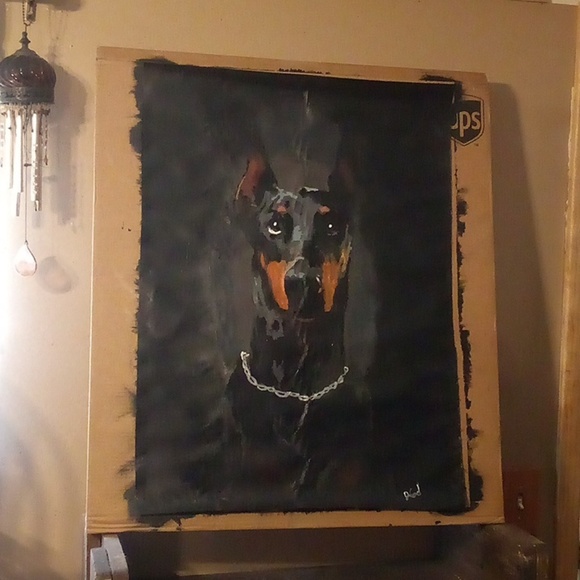 Hand Painted Doberman On Canvas No Frame - 21.4"x29.4"